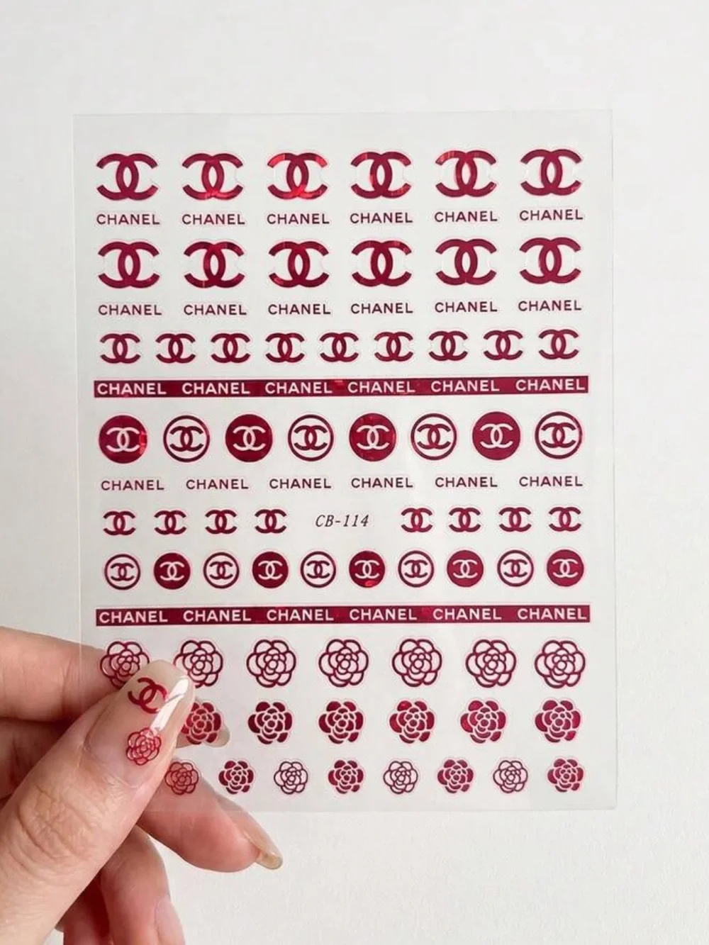CHANEL Red Metallic Nail Art Sticker Sheets – 5PCS Luxury Logo Decals
